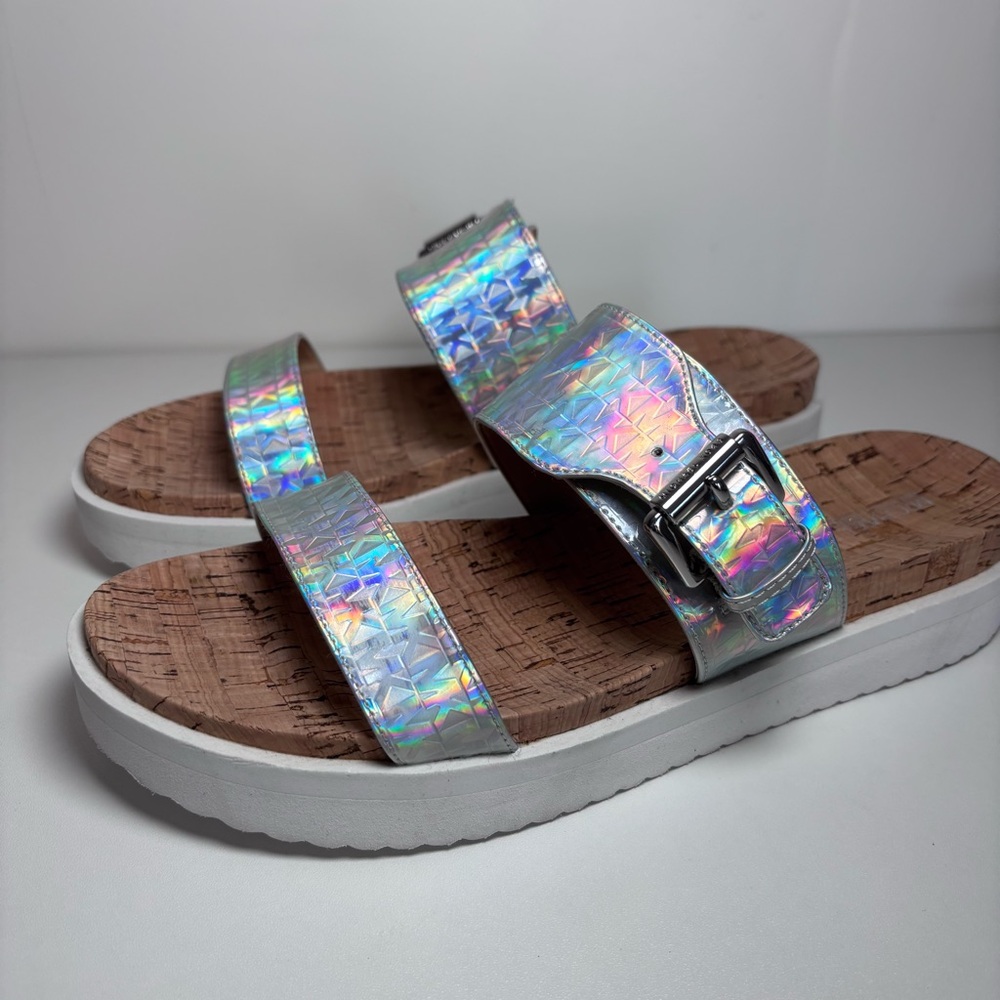 Michael Kors Holographic Iridescent Cork-Trim Slide Sandals